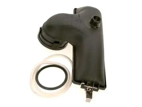 Schwarzer Kondenswassersammler mit gebogenem Rohranschluss und Dichtungen. Zubehörteile sind sichtbar. Geeignet für Bosch-Produkte zur Wasserableitung.